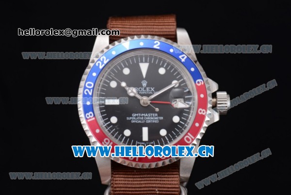 Rolex GMT-Master Asia 2813 Automatic Steel Case with Black Dial Brown Nylon Strap and Dot Markers - Click Image to Close
